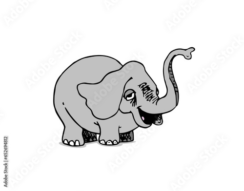 Cute baby elephant with trunk up funny character. Colorful comic cartoon hand drawn style vector illustration isolated on white background.