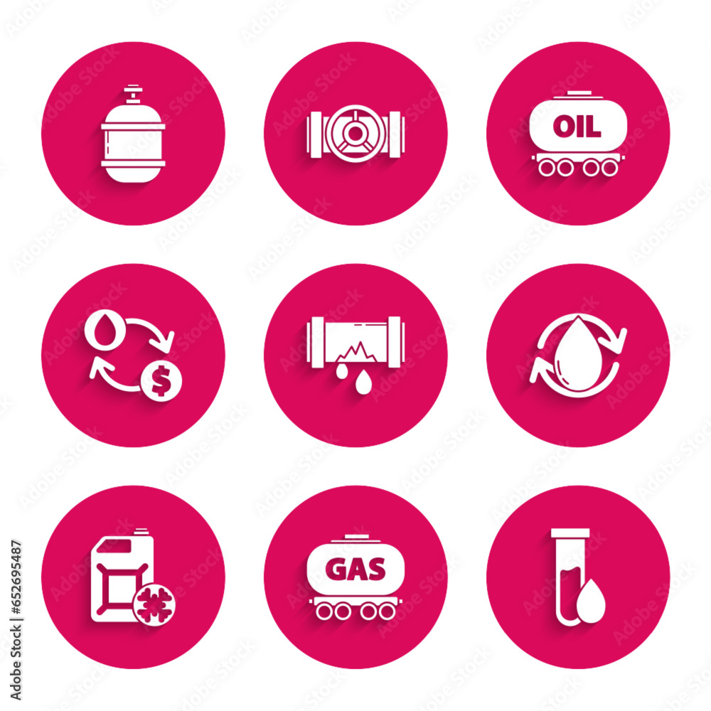 Set Broken metal pipe with leaking water, Gas railway cistern, Oil petrol test tube, drop, Antifreeze canister, exchange, transfer, convert, and Propane gas tank icon. Vector Set Broken metal pipe with leaking water, Gas railway cistern, Oil petrol test tube, drop, Antifreeze canister, exchange, transfer, convert, and Propane gas tank icon. Vector
