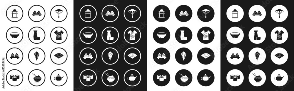 Set Japanese umbrella from the sun, Traditional tea ceremony, Bowl of hot soup, Gate, costume Kimono, Sushi cutting board, Paper chinese or japanese folding fan and icon. Vector Set Japanese umbrella from the sun, Traditional tea ceremony, Bowl of hot soup, Gate, costume Kimono, Sushi cutting board, Paper chinese or japanese folding fan and icon. Vector