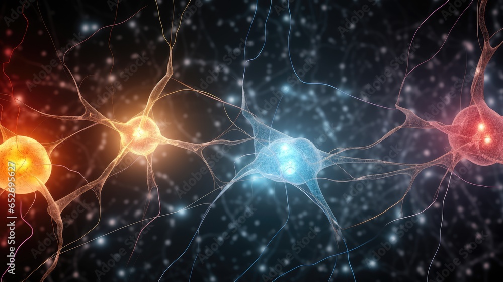 Yellow blue orange red glowing in dark Neural network and Artificial intelligence learning concept for medical, scientific, educational and futuristic technology purposes Yellow blue orange red glowing in dark Neural network and Artificial intelligence learning concept for medical, scientific, educational and futuristic technology purposes