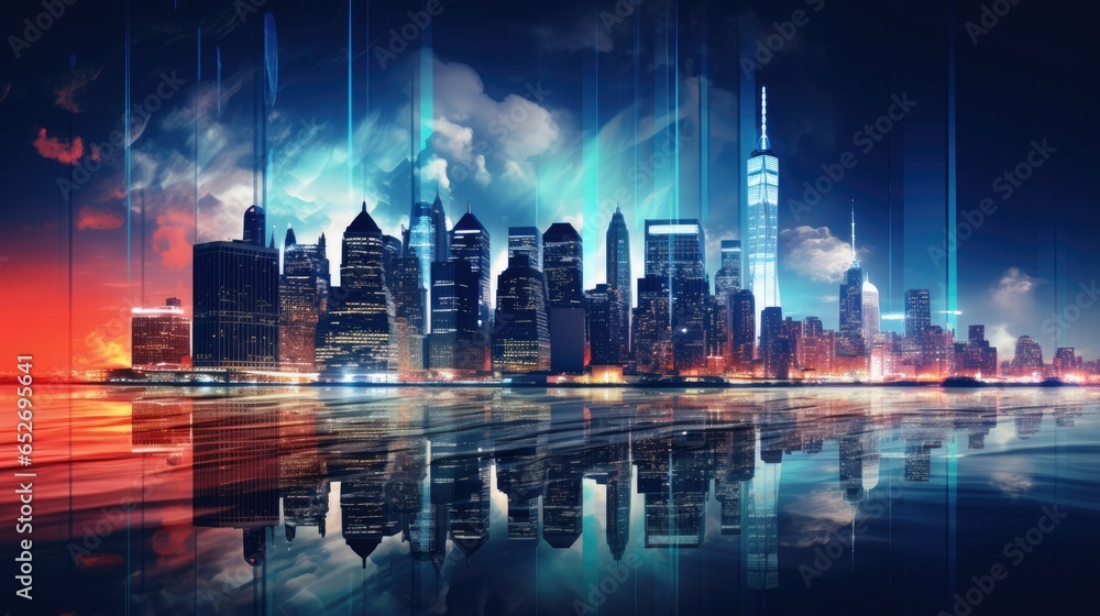 Illustration of night city reflection in water with urban lights of the night and cloudy sky