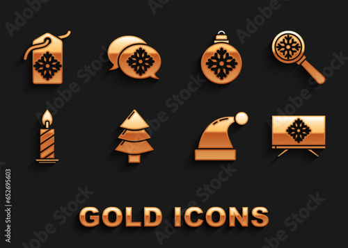 Set Christmas tree, Magnifying glass with snowflake, Merry on television, Santa Claus hat, Burning candle candlestick, ball, Price tag inscription Sale and Snowflake speech bubble icon. Vector