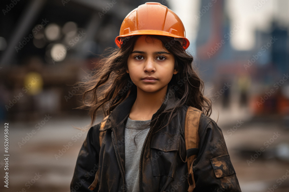 Indian teenager girl in engineer costume and wearing helmet.