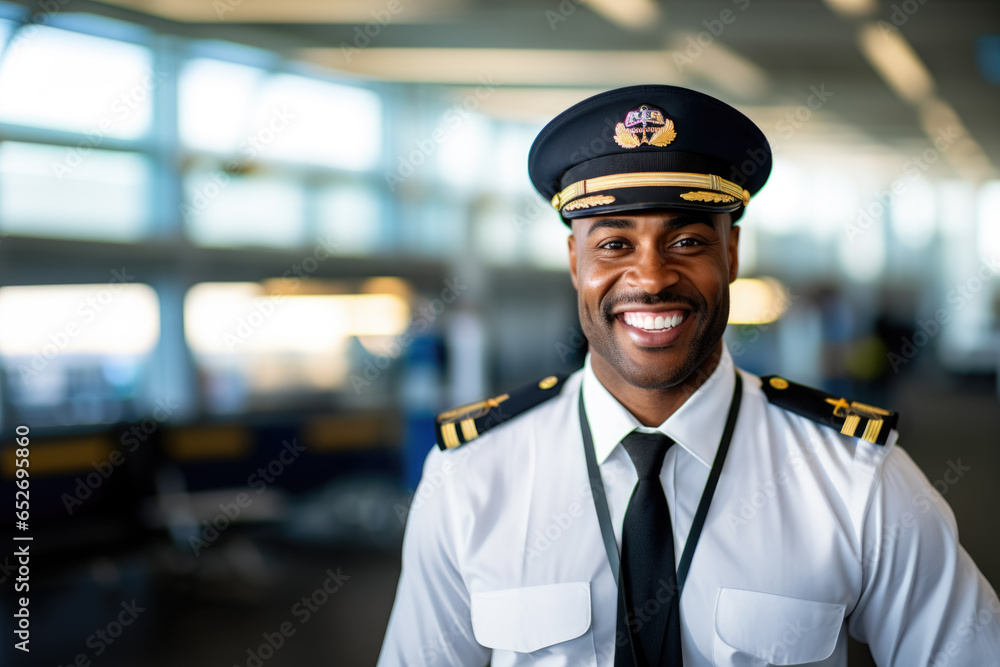 Portrait of a handsom young pilot in his outfit, in the middle of an airport Portrait of a handsom young pilot in his outfit, in the middle of an airport