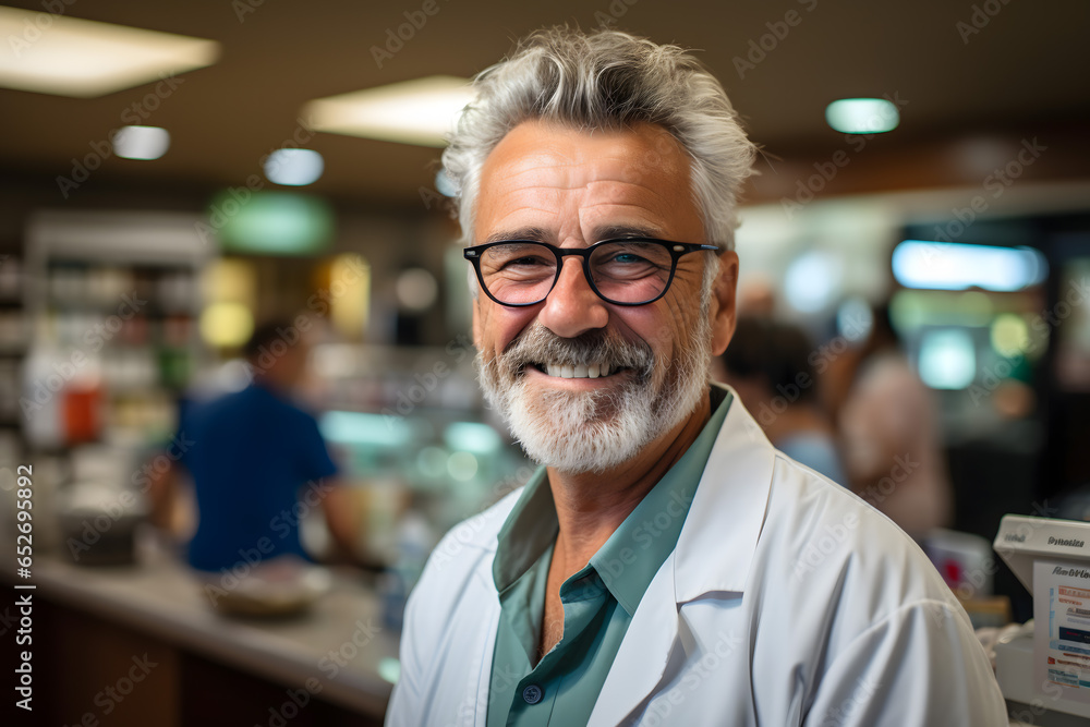 portrait of pharmacist in pharmacy, pharmacist behind the counter in a drug store looking at camera portrait of pharmacist in pharmacy, pharmacist behind the counter in a drug store looking at camera
