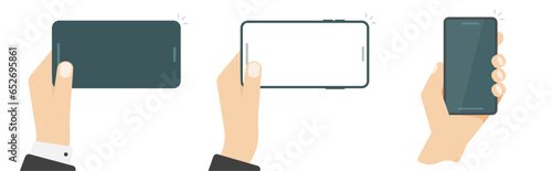 Hand holding cell phone mockup graphic vector icon set horizontal blank screen, man person using cellphone smartphone, mobile telephone device frame mock up flat design image clipart illustration