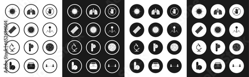 Set No handshake, Virus, Pills in blister pack, Bacteria bacteriophage, cells lung, and Microscope icon. Vector