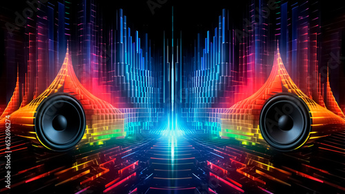 Illustration of loudspeakers in abstract background with sound wave design. Music concept. photo