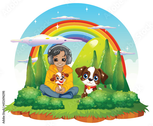 Boy holding pet sitting on the floor listening to music with headset