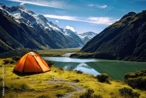 outdoor adventure camping tent in forest by lake mountain view