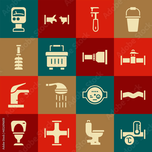 Set Industry metallic pipe, and valve, Pipe adjustable wrench, Toolbox, Toilet brush, Pressure water meter and adapter icon. Vector