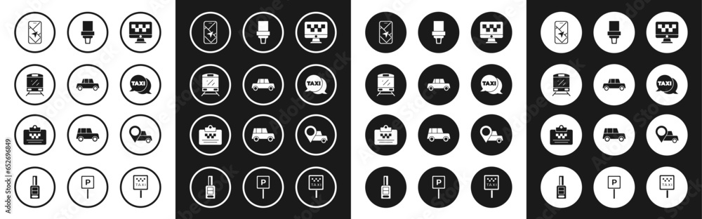 Set Computer call taxi service, Car, Train, City map navigation, Taxi telephone, Safety belt, Location with and driver license icon. Vector
