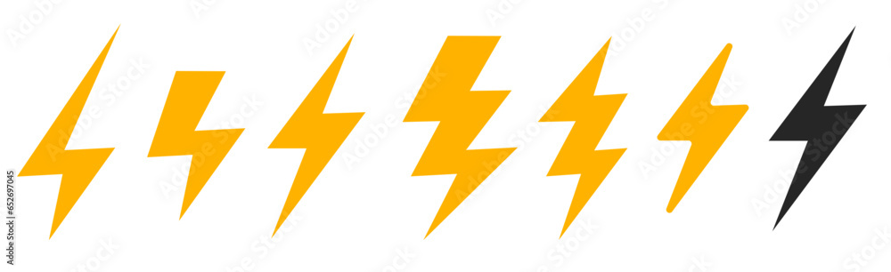 Lightning thunder bolt icon vector simple graphic silhouette yellow black image clipart set, thunderbolt volt electric energy power logo shape illustration, storm thunderstorm strike web glyph symbol Lightning thunder bolt icon vector simple graphic silhouette yellow black image clipart set, thunderbolt volt electric energy power logo shape illustration, storm thunderstorm strike web glyph symbol