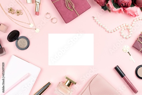 Woman Fashion Accessories, Flowers, Cosmetics and Jewelry on Pink Background