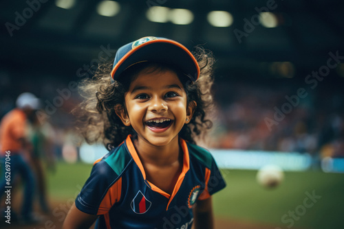 Cute indian little girl in cricketer uniform