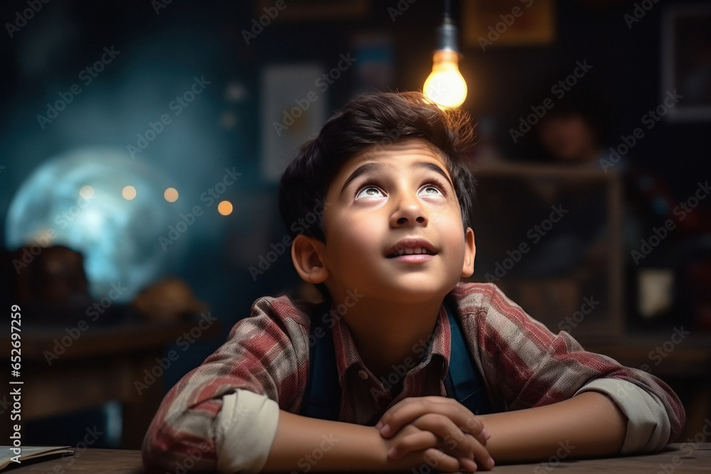 Indian little boy looking up side. Happy childhood, education, emotions, facial expression concept. Indian little boy looking up side. Happy childhood, education, emotions, facial expression concept.