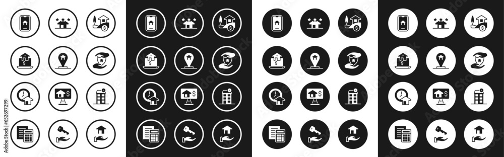 Set House with dollar, Location house, Online real estate, shield, Real, and Time is money icon. Vector