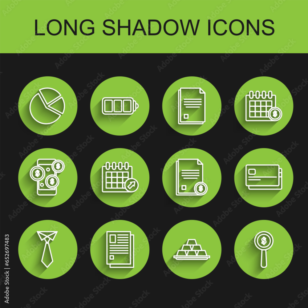 Set line Tie, File document, Pie chart infographic, Gold bars, Magnifying glass and dollar symbol, Calendar, Credit card and Finance icon. Vector Set line Tie, File document, Pie chart infographic, Gold bars, Magnifying glass and dollar symbol, Calendar, Credit card and Finance icon. Vector