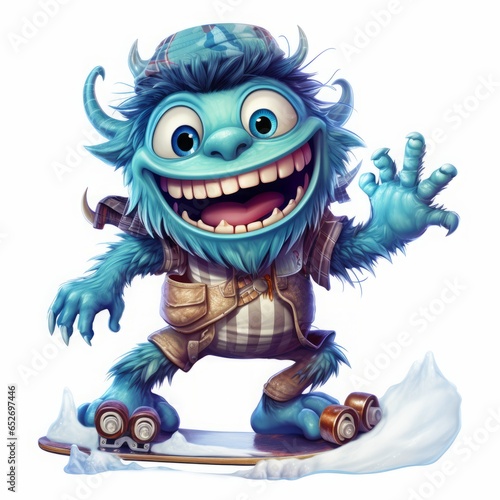 monster on a snowboard children's character. Cartoon design element on white background.