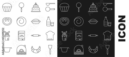 Set line Spatula, Chef hat, Glass bottle with milk and glass, Cake, Roll bun cinnamon, Pretzel, Muffin and Homemade pie icon. Vector
