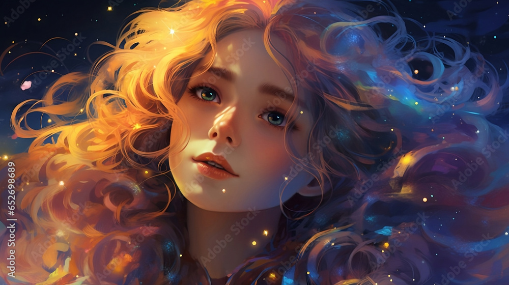 Portrait of a girl with Glowing Orange and Blue Hair Portrait of a girl with Glowing Orange and Blue Hair