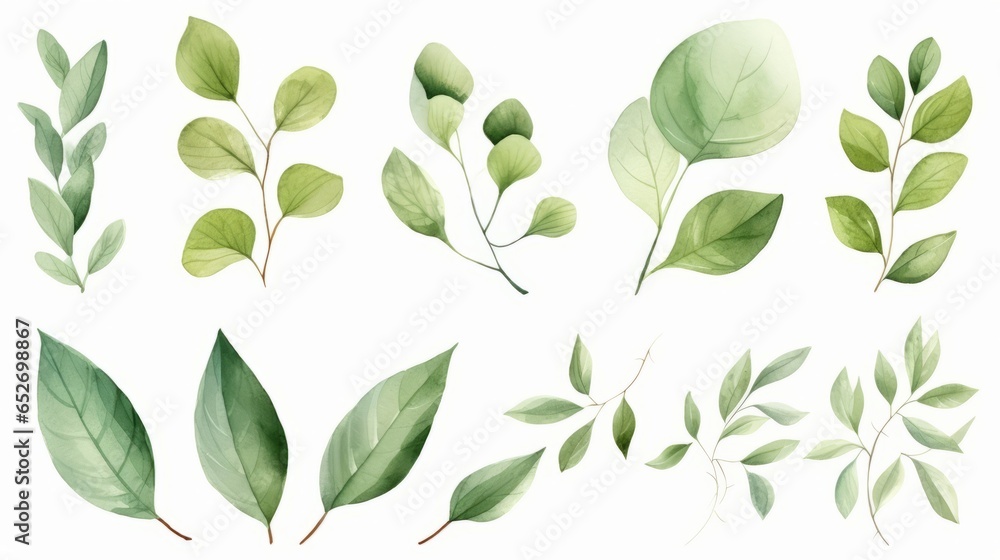 Naklejka premium Hand painted foliage pattern, seamless floral print with green leaves, watercolor illustration Collection isolated white background suitable for Wedding Invitation, wallpapers, textile or cover