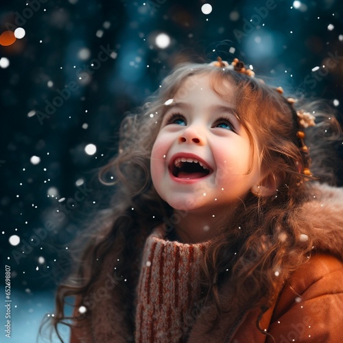 Cute a little girl is looking at snowing in a happy mood.