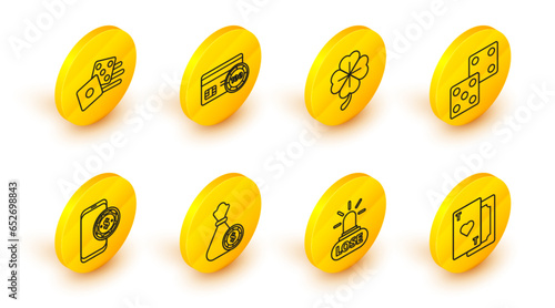 Set line Playing card with heart, Casino losing, Money bag and casino chips, Online poker table game, Game dice, Four leaf clover, Credit and icon. Vector
