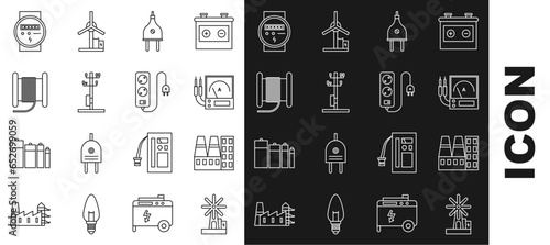 Set line Wind turbine, Ampere meter, multimeter, voltmeter, Electric plug, High voltage power pole line, Wire electric cable reel drum, and extension cord icon. Vector