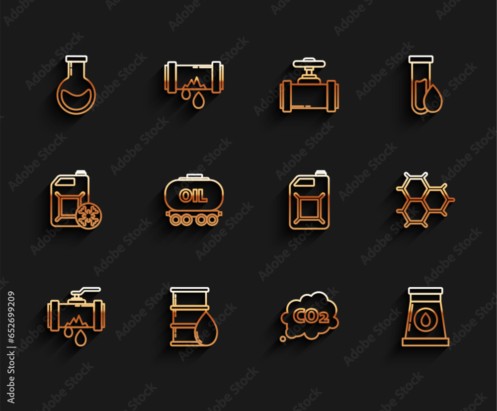 Set line Broken metal pipe with leaking water, Oil gas industrial factory building, railway cistern, Chemical formula consisting of benzene rings and Canister gasoline icon. Vector Set line Broken metal pipe with leaking water, Oil gas industrial factory building, railway cistern, Chemical formula consisting of benzene rings and Canister gasoline icon. Vector