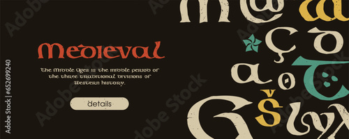 Medieval banner template with pattern of Lindisfarne calligraphy. Dim colored medieval Majuscule Celtic, Anglo-Saxon, Irish style.