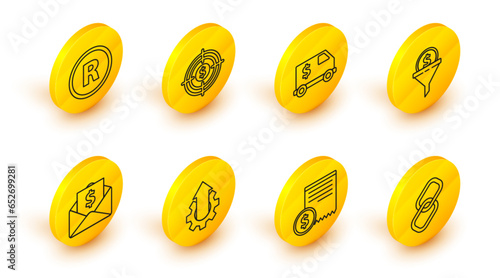 Set line Chain link, Paper check and financial check, Arrow growth gear business, Envelope with coin dollar, Lead management, Armored truck, Target and Registered Trademark icon. Vector
