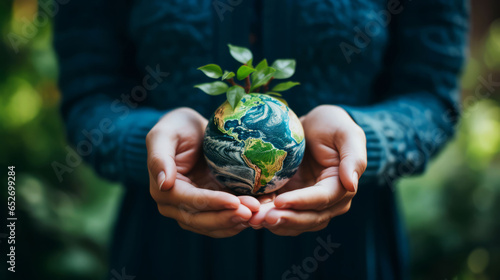 Woman embracing small globe as Earth Day concept photo