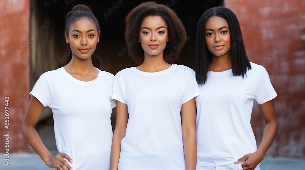 Group of young african american black woman wearing white t-shirts standing together, blank apparel with no print , photo for mock-up of diversity and group of friends,. generative ai Group of young african american black woman wearing white t-shirts standing together, blank apparel with no print , photo for mock-up of diversity and group of friends,. generative ai