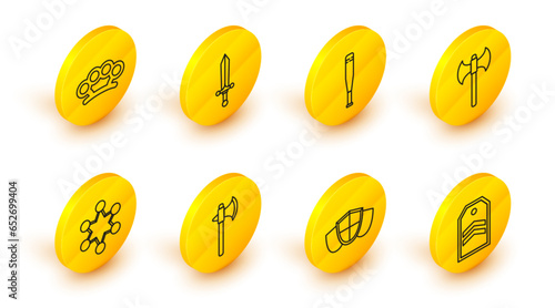 Set line Chevron, Shield, Medieval axe, Police badge, Baseball bat, sword and Brass knuckles icon. Vector