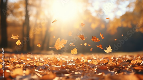 leaf fall in the autumn park in the sunlight, dry yellow leaves fly in the landscape of warm October