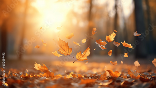 leaf fall in the autumn park in the sunlight  dry yellow leaves fly in the landscape of warm October