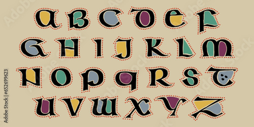 Lindisfarne alphabet in majuscule Celtic, Anglo-Saxon, Irish style with red dots pattern. Dim colored medieval initial.