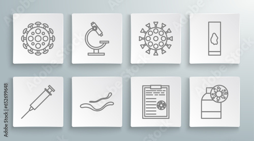 Set line Syringe, Microscope, Ebola virus disease, Clipboard with blood test results, Bottle, Virus, Blood and and icon. Vector