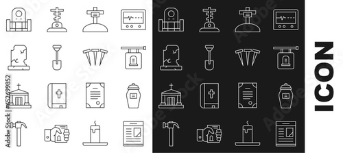 Set line Obituaries, Funeral urn, Signboard tombstone, Grave with cross, Shovel, Old grave, and Metallic nails icon. Vector