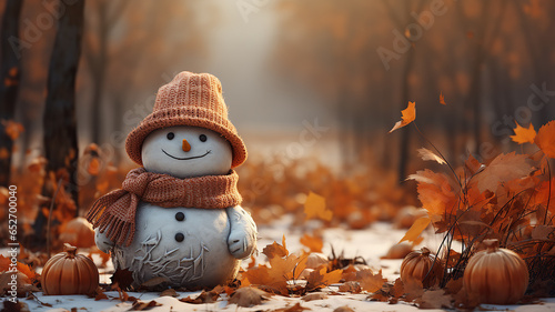 greeting card for halloween with a snowman copy space in the autumn park cold halloween autumn november