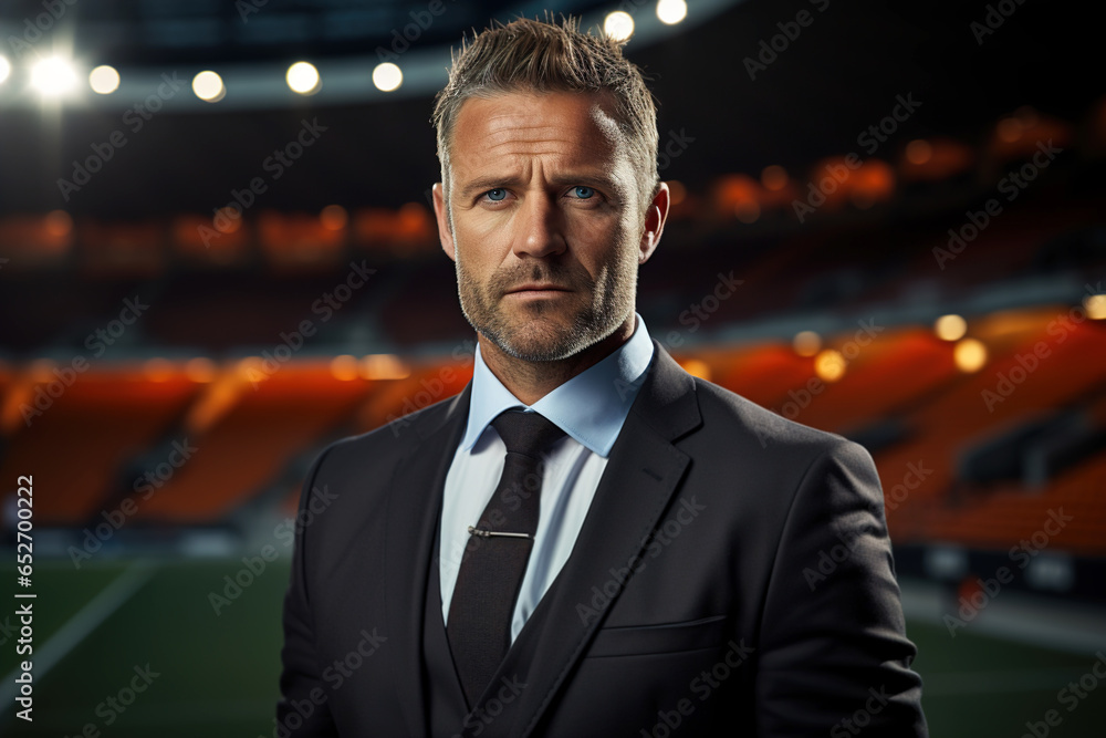 Portrait of a handsome serious middle-aged man football sports manager in a suit standing at the stadium and looking at camera Portrait of a handsome serious middle-aged man football sports manager in a suit standing at the stadium and looking at camera