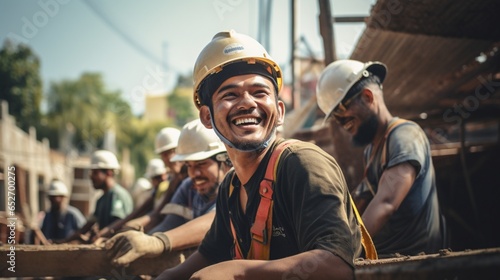 Happy of team construction workers working at a construction site. AI-Generated