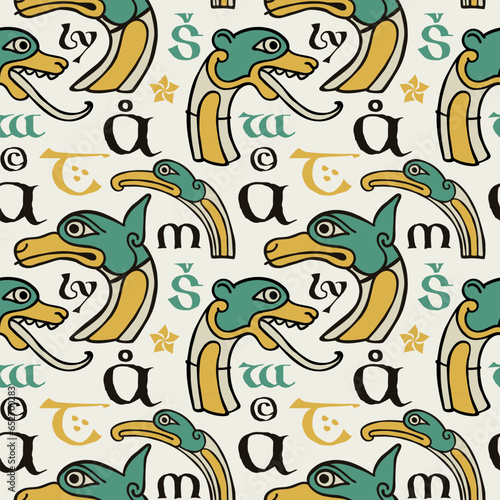 Medieval seamless pattern of Lindisfarne calligraphy and beasts. Dim colored medieval Majuscule Celtic, Anglo-Saxon, Irish style.