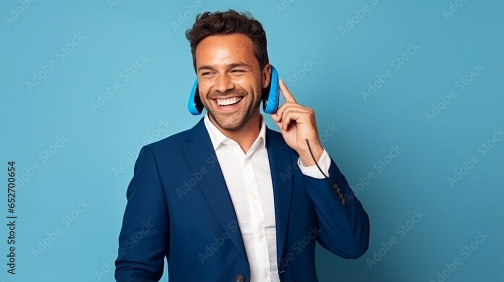 Portrait of a satisfied businessman using a phone and showing a smiling gesture against a blue background. AI-Generated - obrazy, fototapety, plakaty 