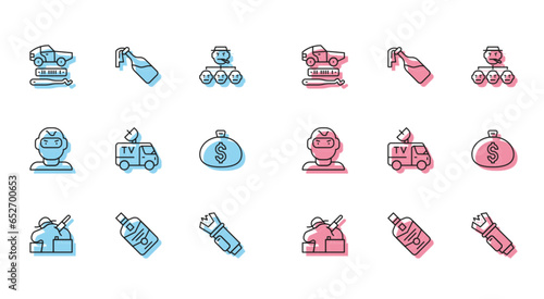 Set line Murder, Whiskey bottle, Car theft, Police electric shocker, TV News car, Money bag, Thief mask and Cocktail molotov icon. Vector