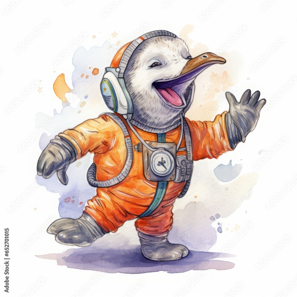 Obraz premium duck in spacesuit cartoon character on white background.
