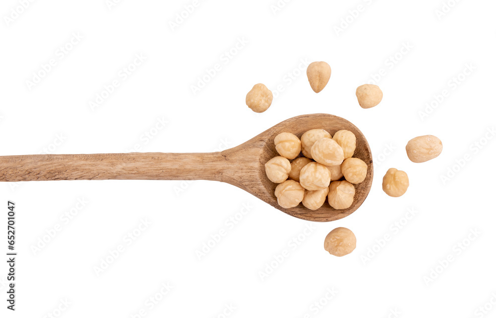 heap of hazelnuts in spoon isolated on white background with clipping path, top view, concept of healthy breakfast, vegan food heap of hazelnuts in spoon isolated on white background with clipping path, top view, concept of healthy breakfast, vegan food