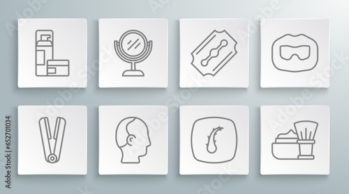 Set line Curling iron for hair, Hand mirror, Baldness, Human follicle, Shaving brush with foam, Blade razor, Mustache beard and gel icon. Vector