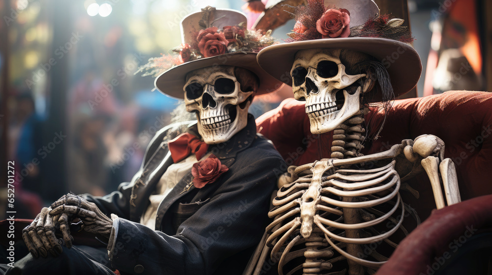 Two skeletons at the celebration of the day of the dead. Generative AI Two skeletons at the celebration of the day of the dead. Generative AI